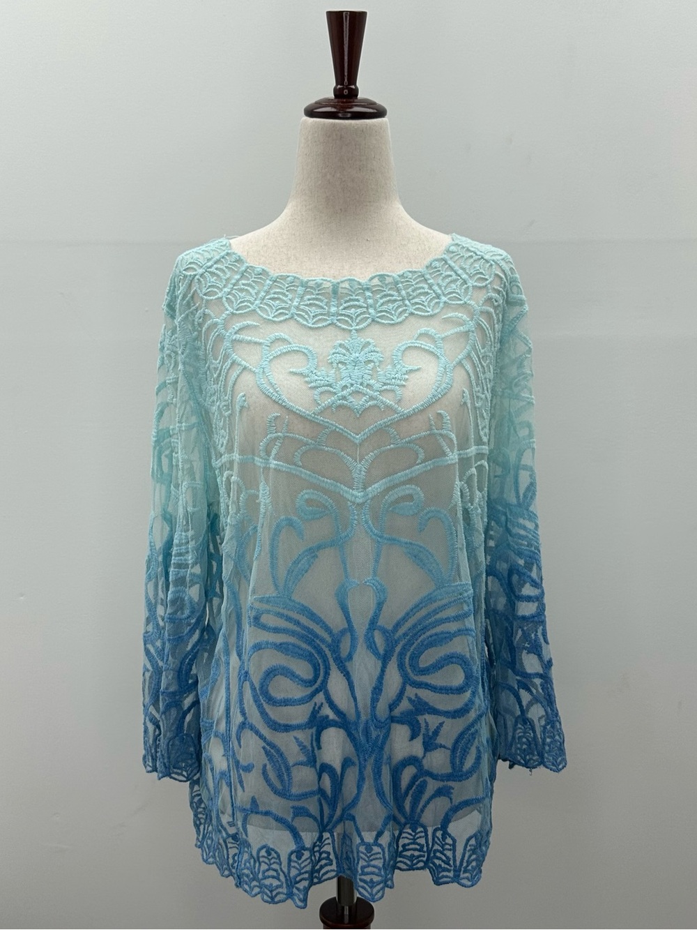 Bedford Fair Ombre Lace Embroidered Top XL Blue Sheer Boho Mermaidcore